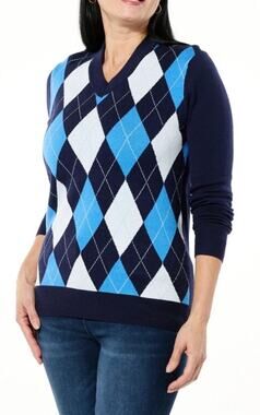 Curations x Ty Mayberry Blue V Neck Argyle Sweater XL NWT 003